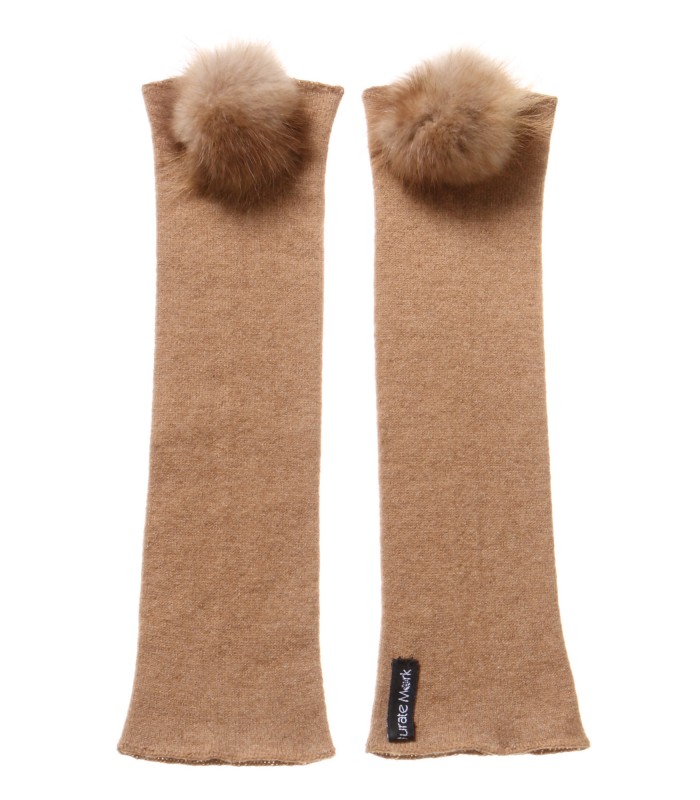 Camel arm warmers with Mink Fur pompom packaged in Signature box